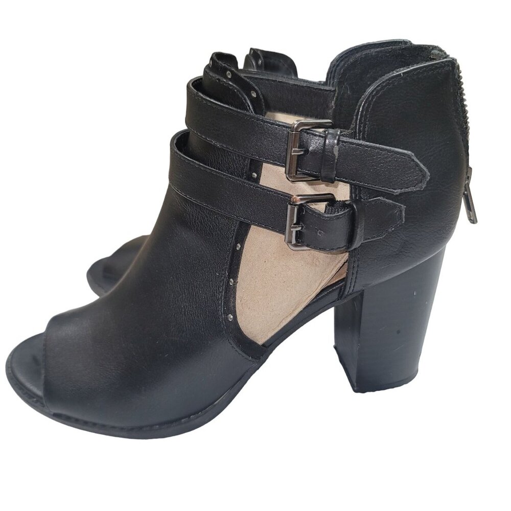 REPORT SIGNATURE  Josie Open toe Ankle‎ Booties Heels Chunkie Sz 8.5 Black Strap